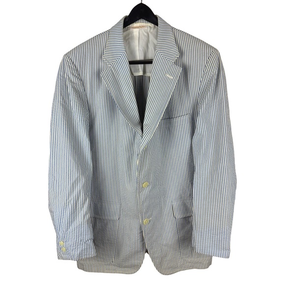Vintage 1980s Brooks Brothers Seersuckers Blue White Sport Suit Jacket Size 46R
